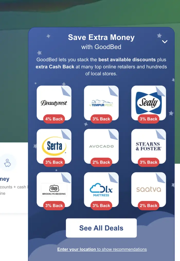 El panel de ofertas de GoodBed, con el descuento de cada marca.