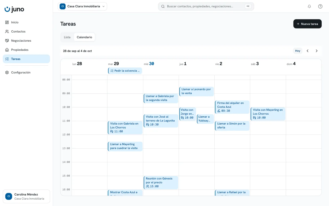 El calendario de tareas de la semana en la computadora: visitas, llamadas y una firma, cada una a su hora.