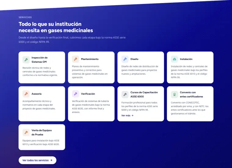 Los servicios, cada uno en su tarjeta.